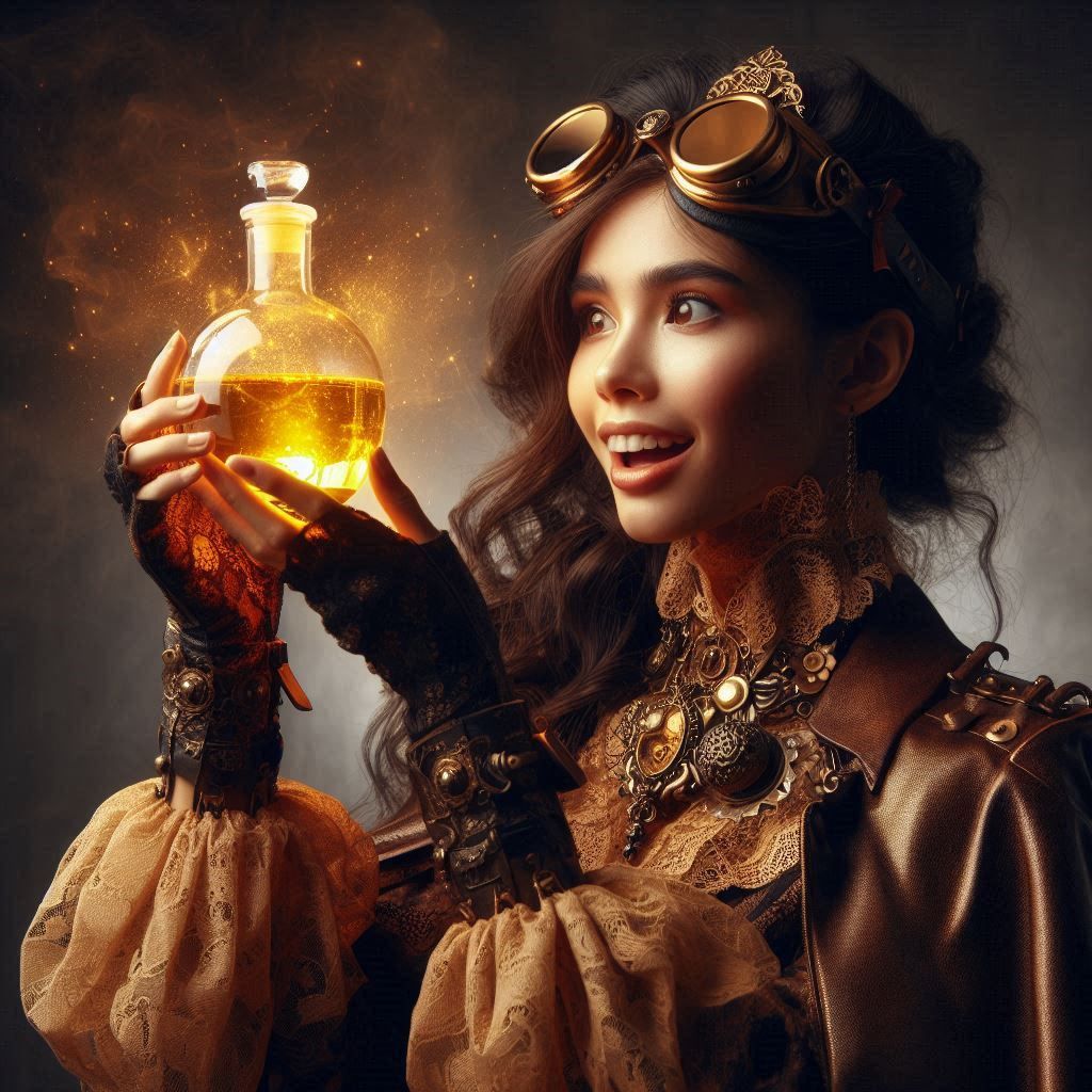 Alchemist girl dressed in steampunk style holding a bottle of golden potion that glows