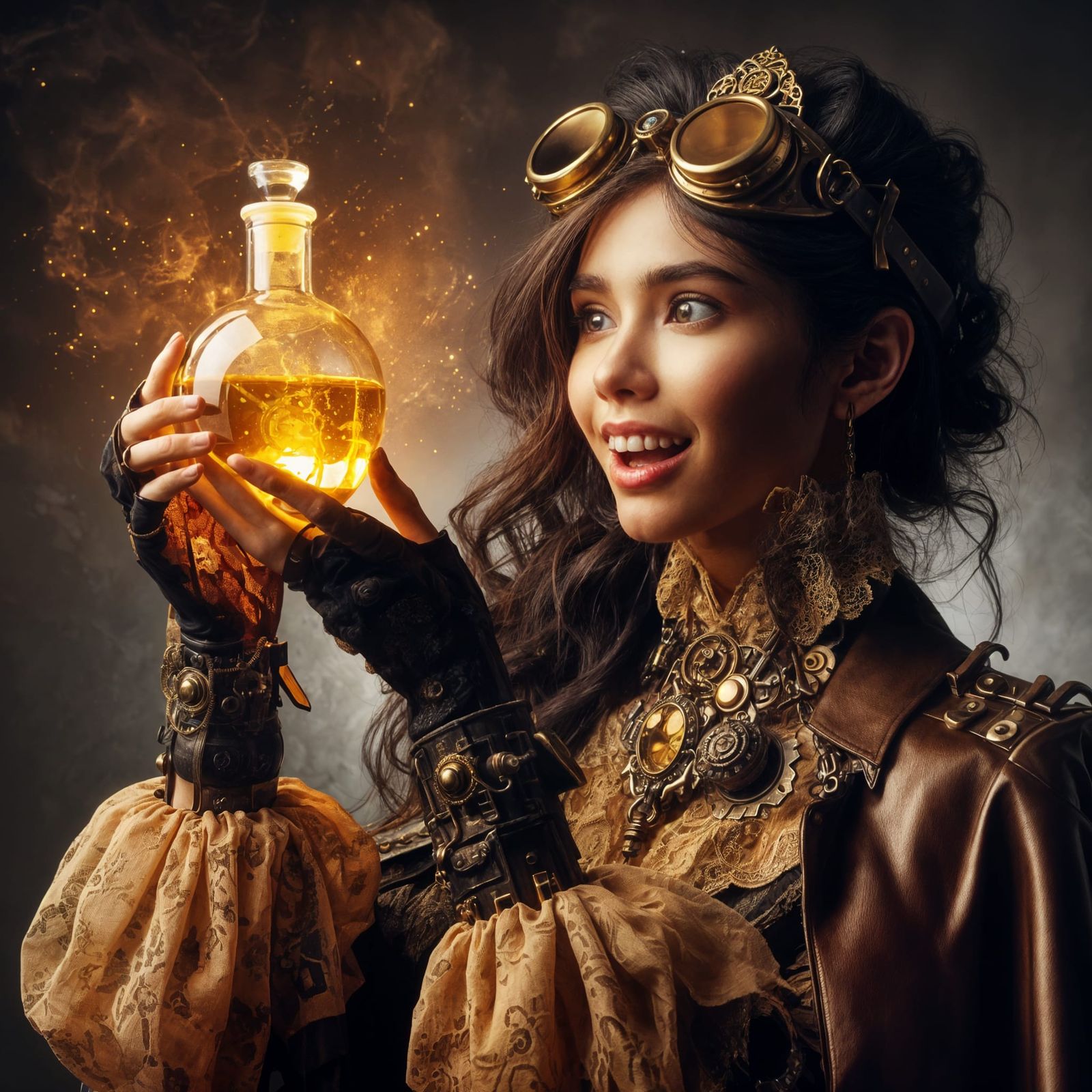 Alchemist girl dressed in steampunk style holding a bottle o...