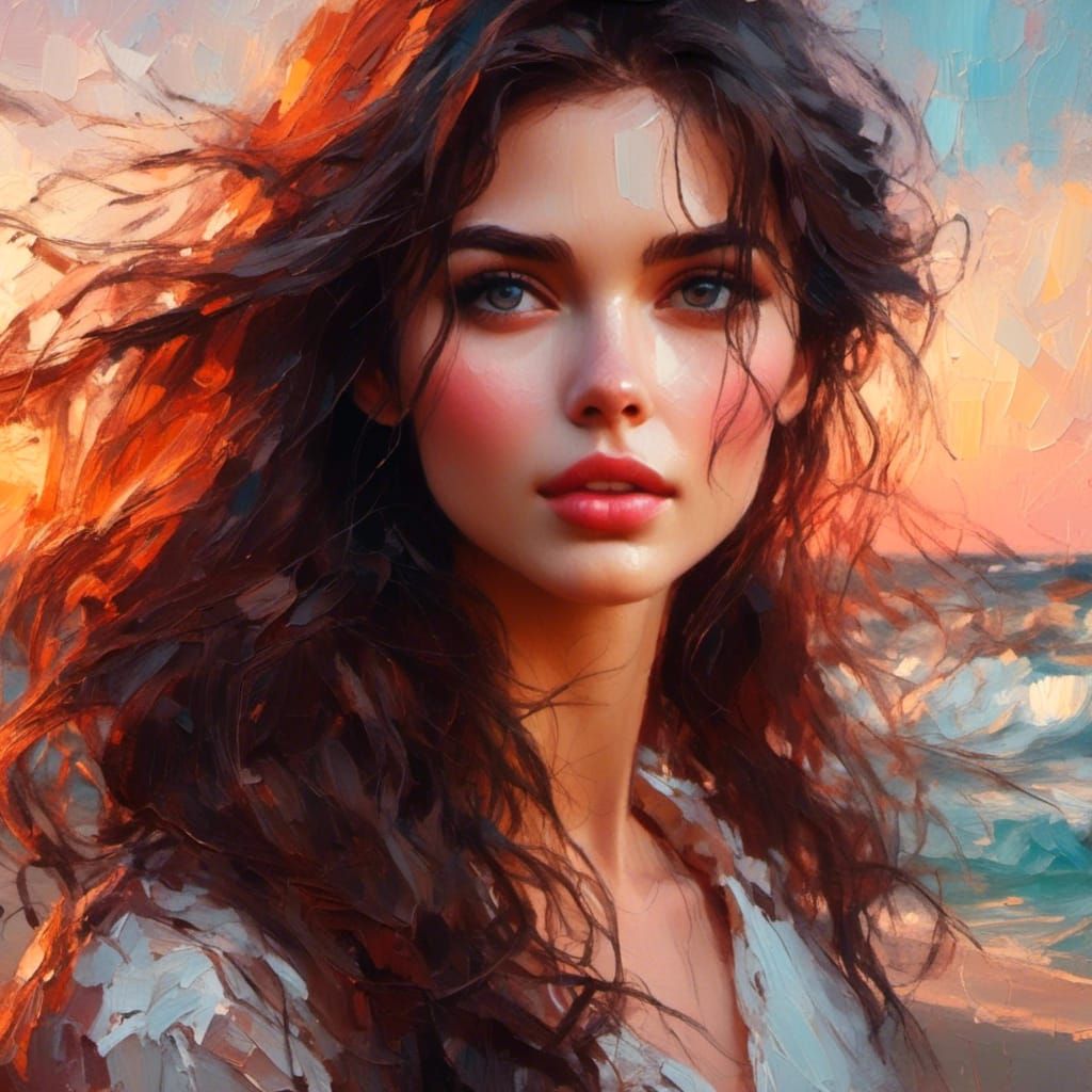close up portrait, woman brunette, sunset seashore<lora:BeautyStrokes:1.0>