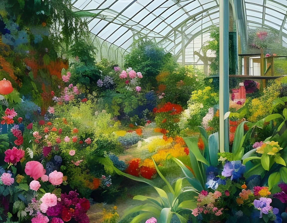 Colourfull flowers bloom in victorian greenhouse, watercolour meticulous realistic painting, perspective, ...  by @Thunder Cube