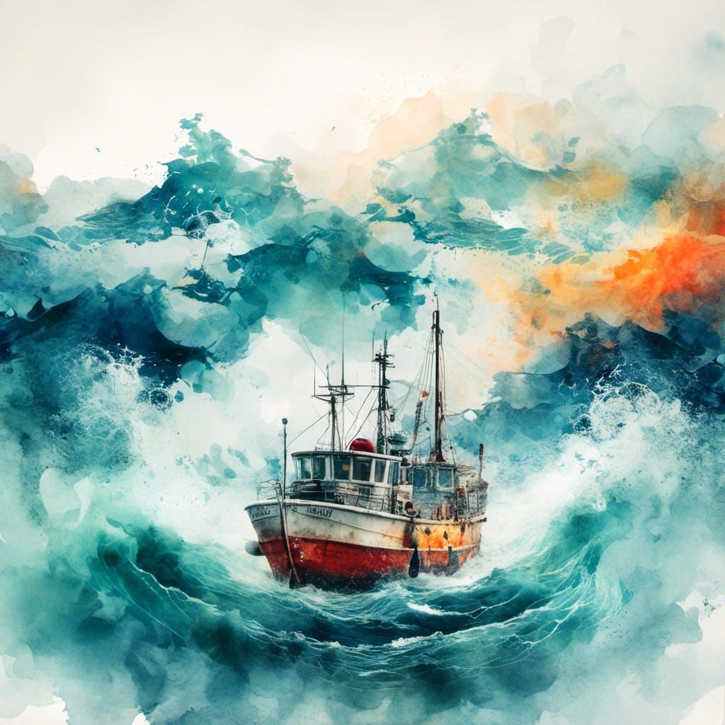 <lora:MJ6 Watercolor DE:1.0> double exposure of Fishing boat and waves on a white background, stock vector illustration, modern surrealism-...