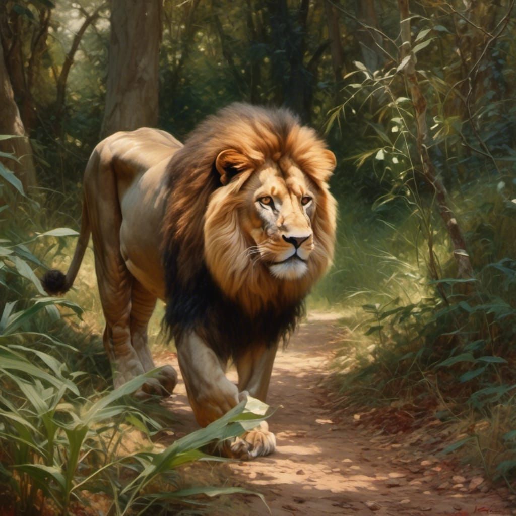 A majestic lion walking in a lush jungle <lora:Roman Oils:0....