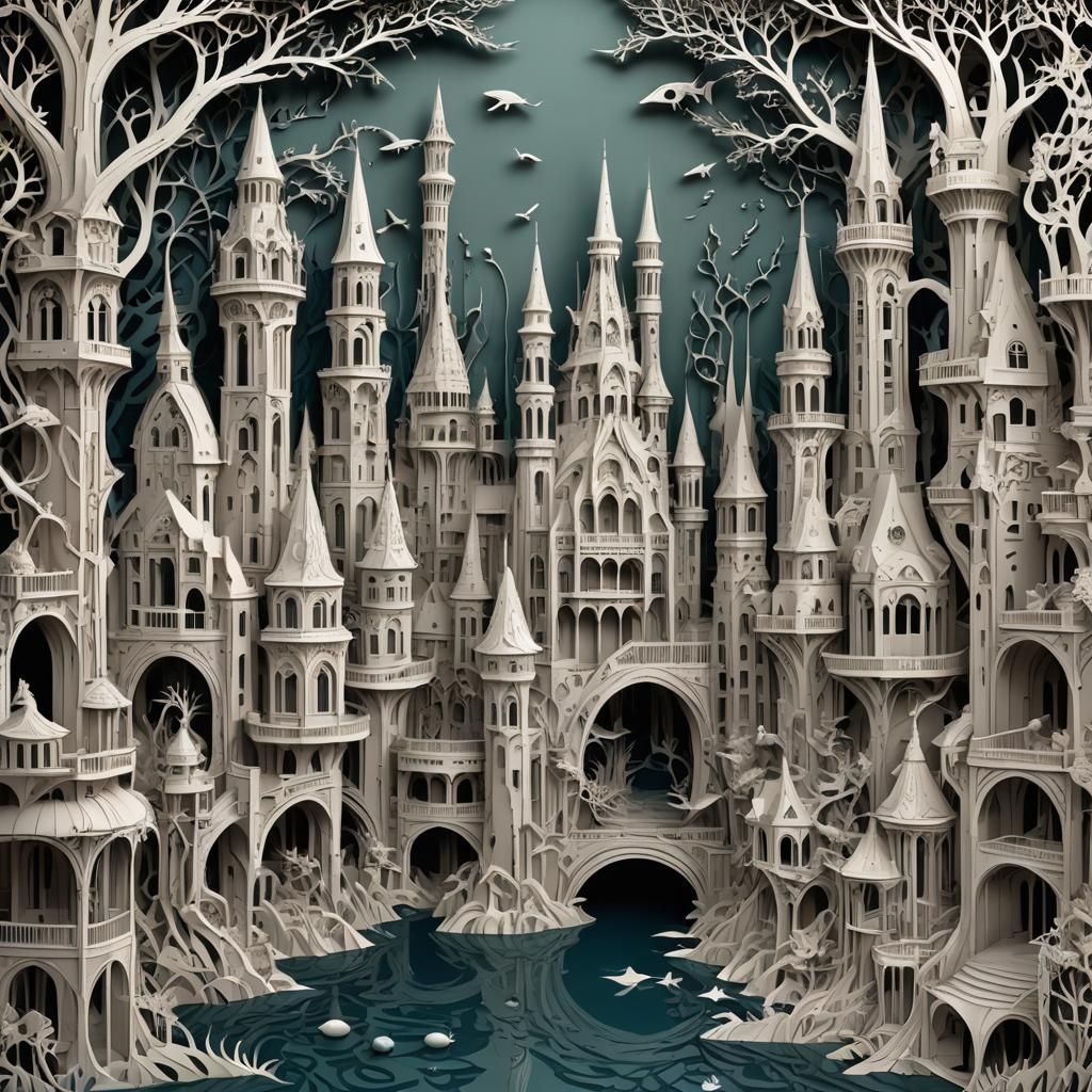 Kirigami Paper-cut Fantastical and intricate illustration of a mythical underwater city in the ornate, ...  by @Lennis