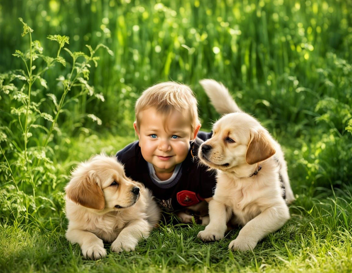 A little boy playing with two puppies. intricate details, HDR, beautifully shot, hyperrealistic, sharp focus, 64 megapixels, perfect composi...