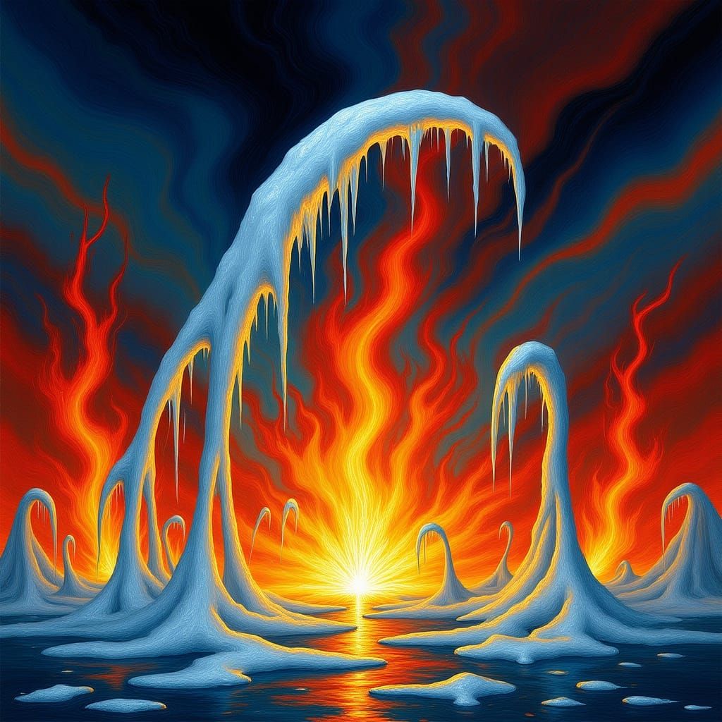  ice reaching out to fire, slide vivid lurking surreal impressionistic unusual ethereal abstract 