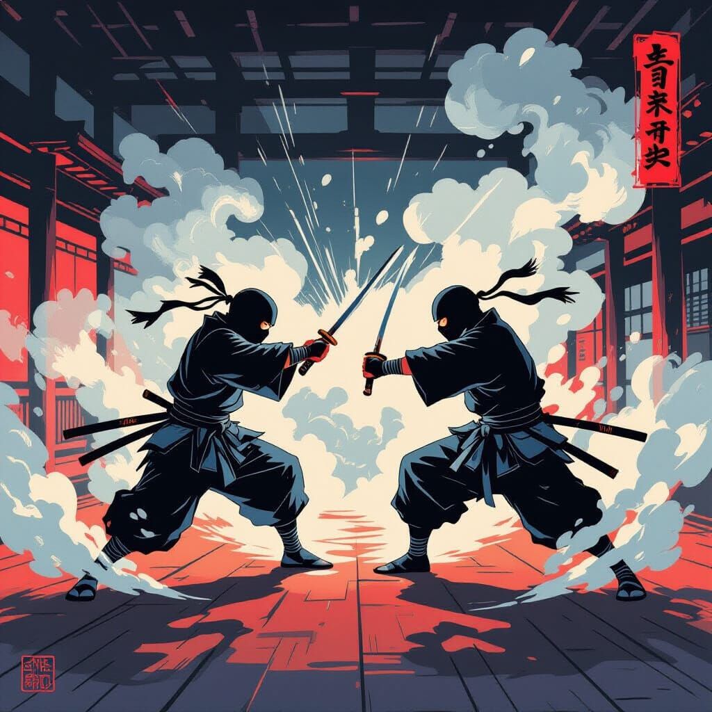 Two Ninjas Battle in Dojo, Japanese Woodblock Style