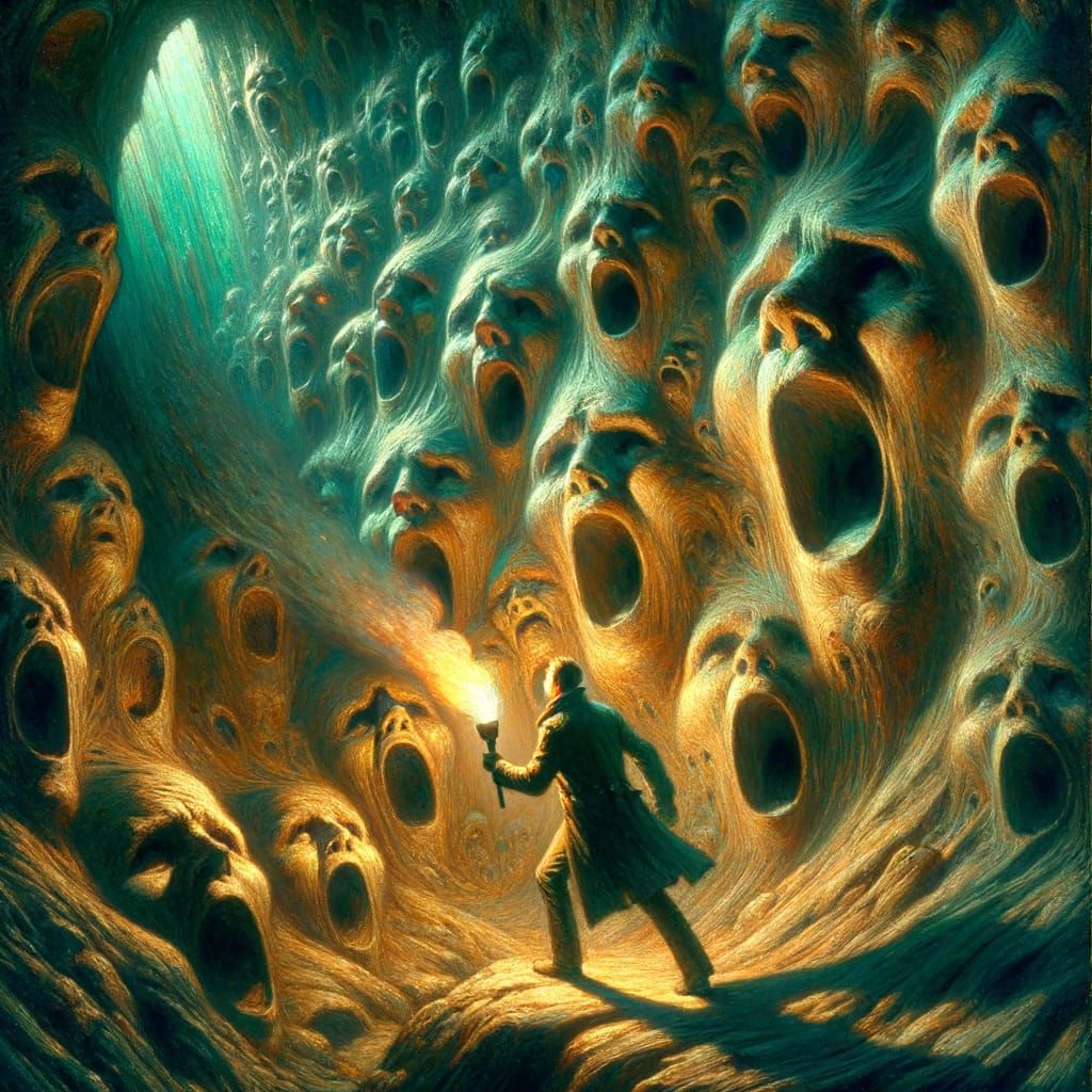 A lone wanderer with a torch stumbles into a cavern where fossilized screams are etched in stone, mouths spiraling into hollow cavities of f...