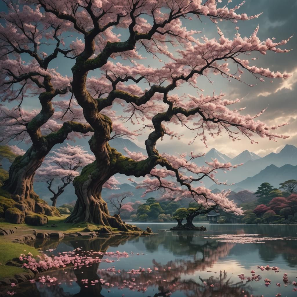 Ancient Sakura Tree by Lake: Digital Matte Painting