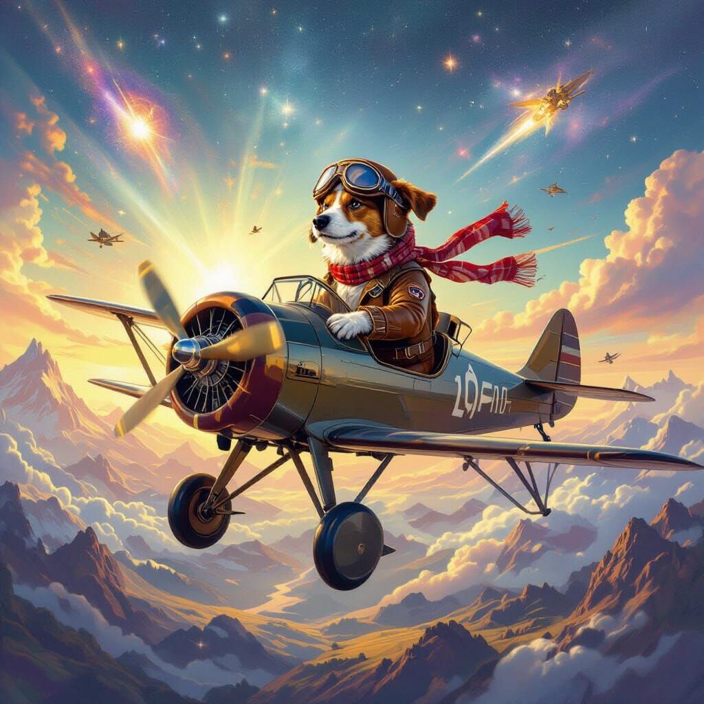 "Create an epic digital artwork combining cosmic creation with an adorable pilot dog. In the foreground, a cute dog wearing vintage aviator ...