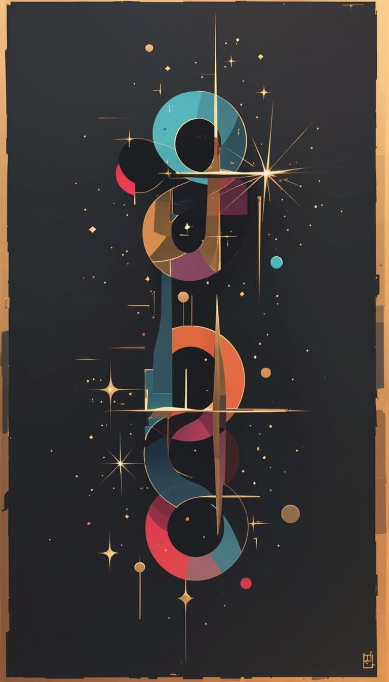 <lora:Queen of the Fae:1.0> Sketch this out: abstract art with complementary colors and fine details, add sparkling light bursts in a cubist...