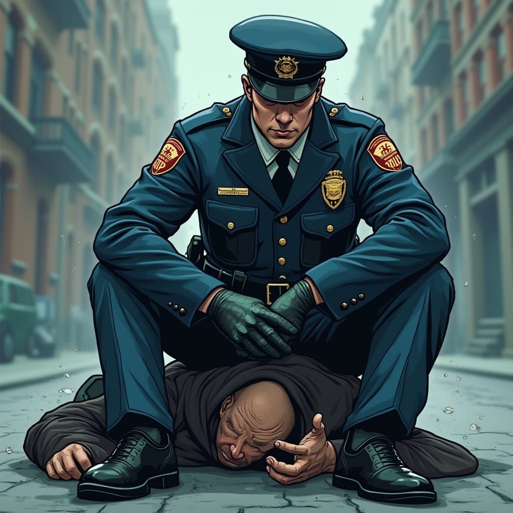 Police Officer Pins Thief in Gritty Cityscape Illustration