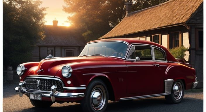Epic Sunrise Portrait of a Classic Red Car in an Old Village