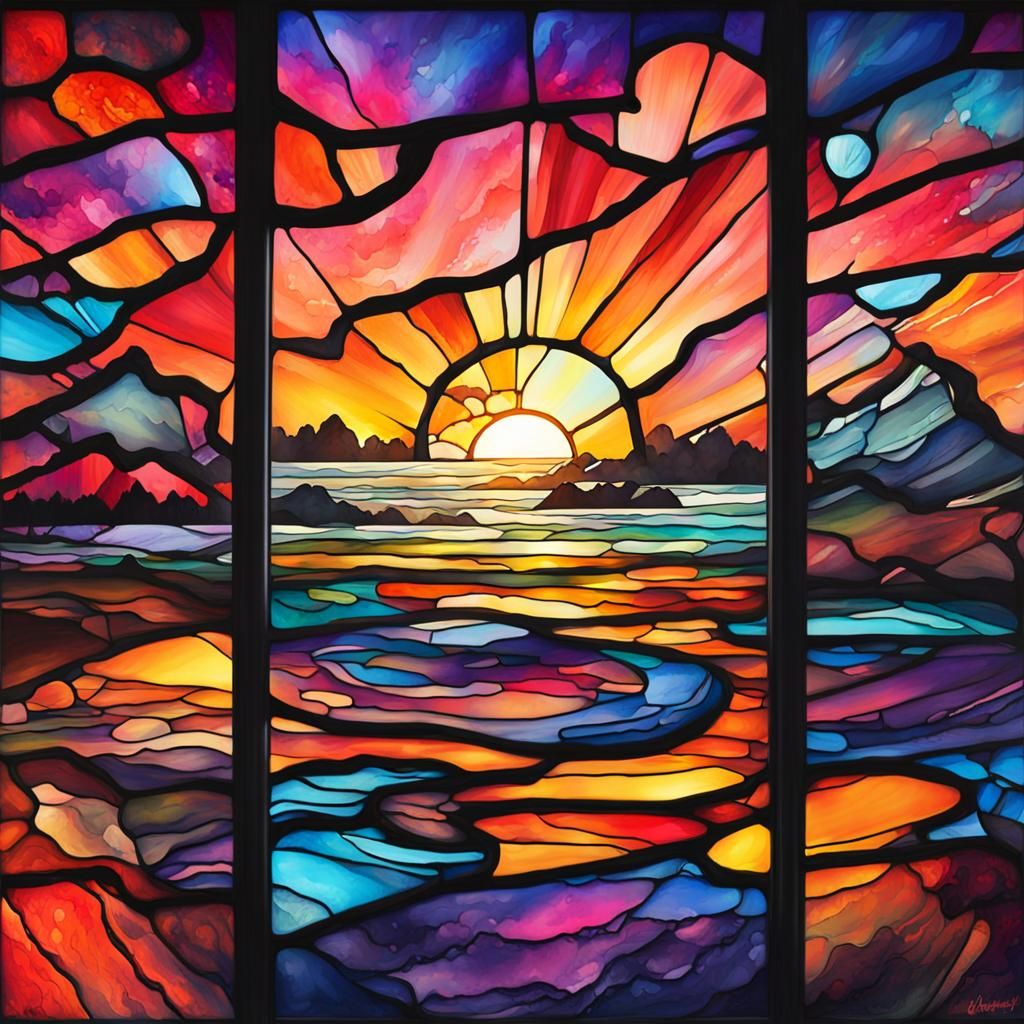 Stained glass layered with splashy watercolor sunset