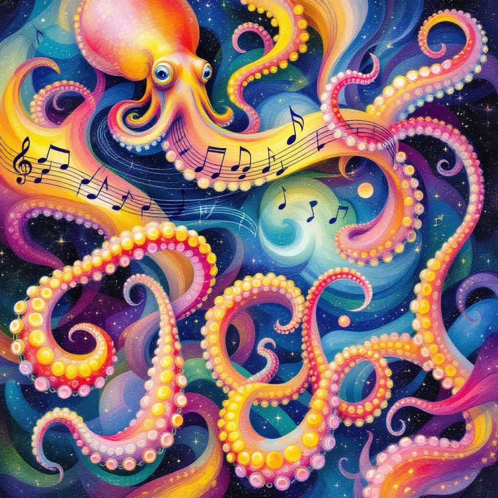 Sheet of music the music notes are bright colored octopuses instead of music notes