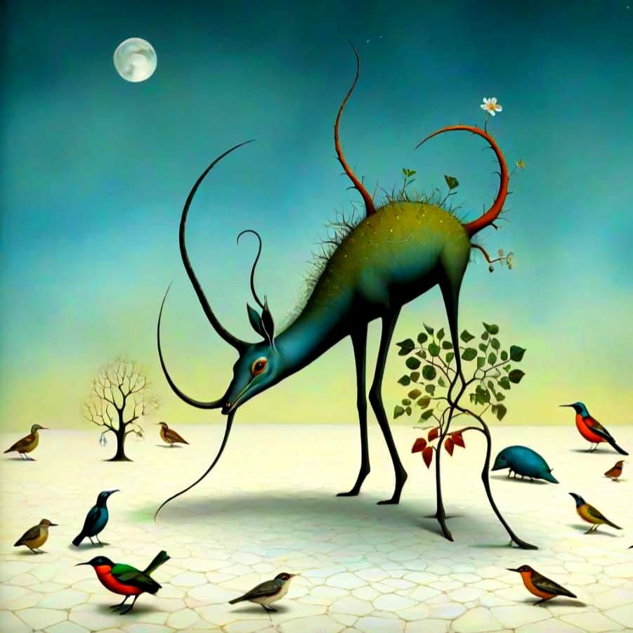 Vibrant Surreal Landscape with Fantastical Creatures