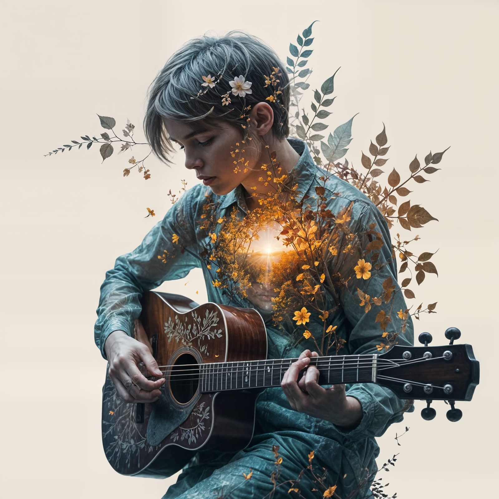 Transparent Boy Playing Guitar in Nature Double Exposure Art