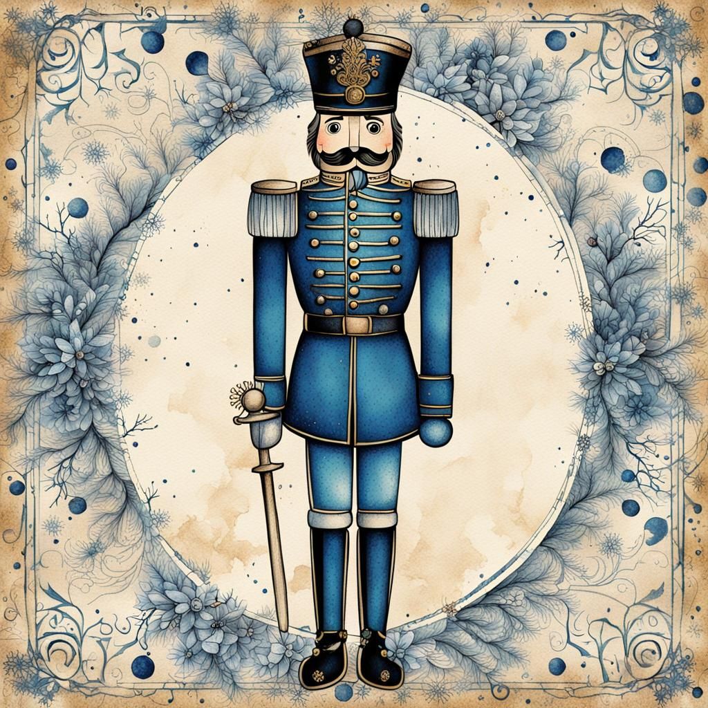 (detailed ink drawing of a Nutcracker, in a chic uniform, on...