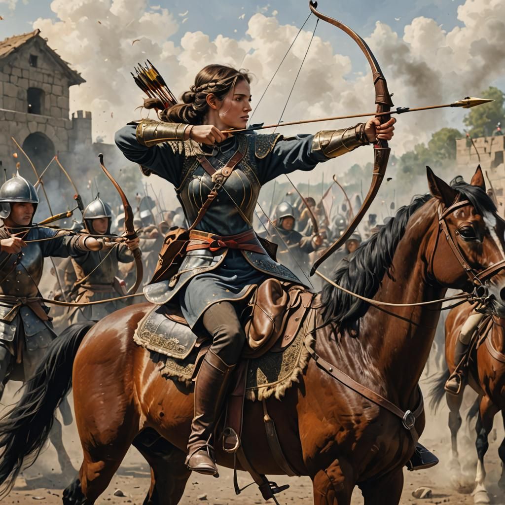 a woman shooting a bow and arrow from the back of a horse   by @RoadClown