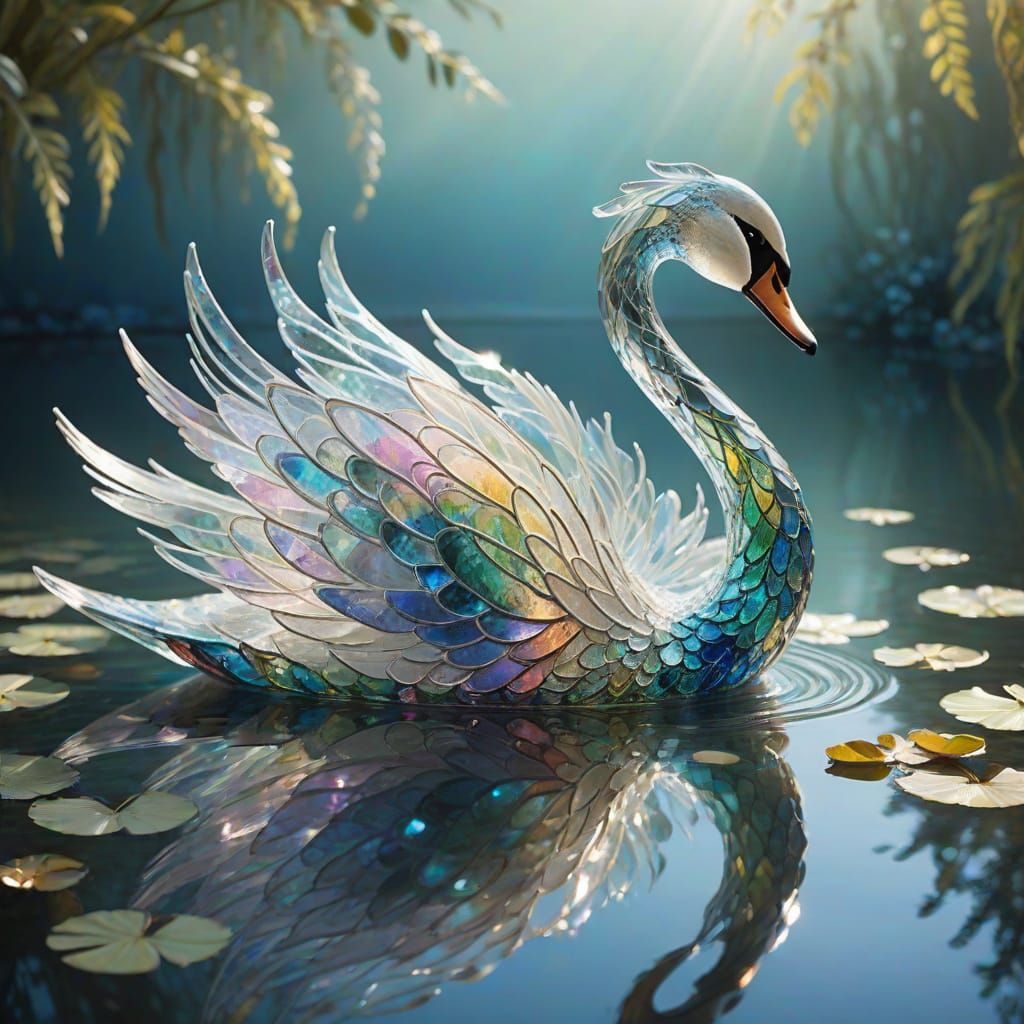 A graceful swan with of long feathering fish tails of delicate delicate lace, its body shimmering with ...  by @Sumikokeel