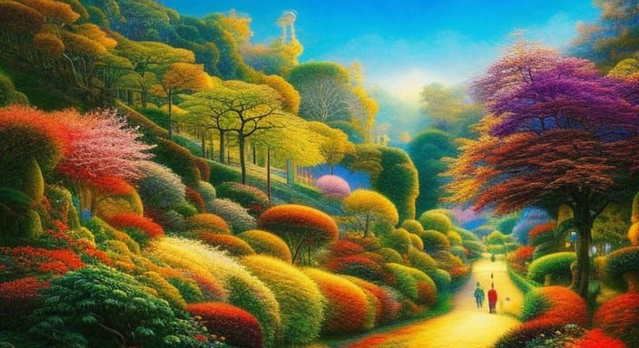 quaint cottages nestled along rolling green fields, colorful...
