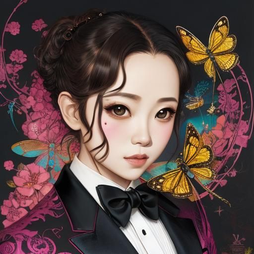 Portrait of an adorable big eyes dragonfly wearing a tuxedo ...