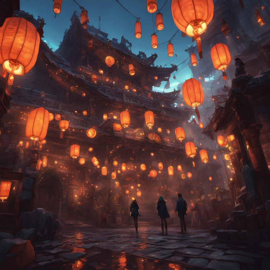 A vibrant street festival in a fantastical city, alive with energy and color. Hundreds of paper lanterns, ...  by @Keely Chow