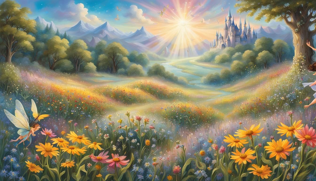 A whimsical scene of a fairy kingdom, spanning all four seas...