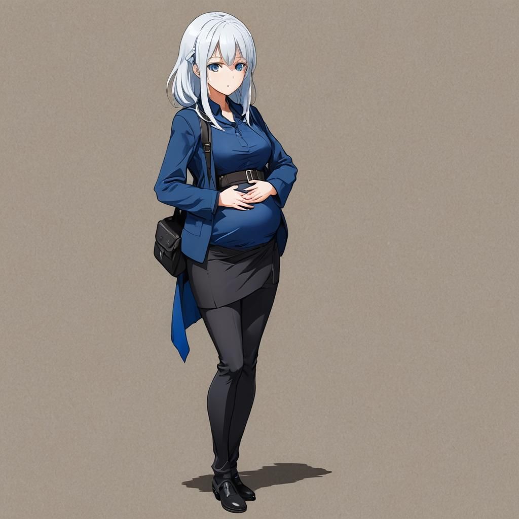 pregnant anime teacher with white hair and black and blue cl...