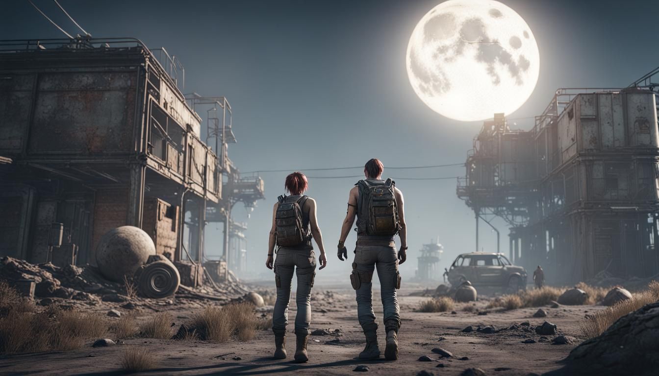 A MAN AND A WOMAN IN A POST-APOCALYPTIC SETTING,
MOON,