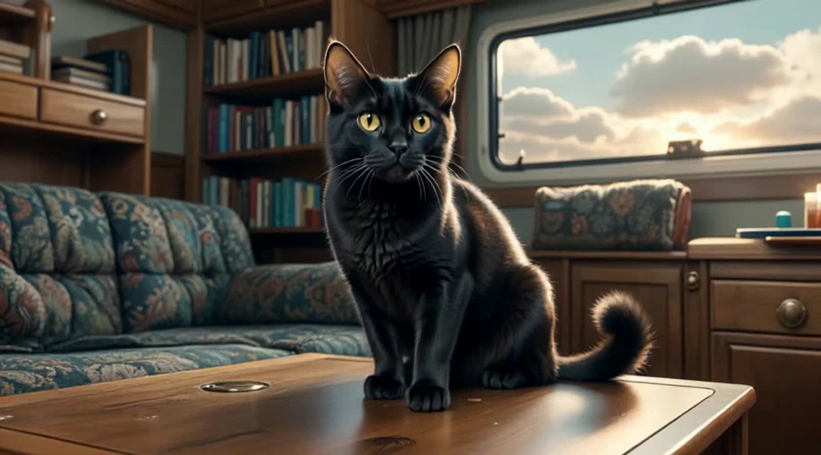 A majestic black domestic shorthair cat, approximately 3 years old, with piercing gold eyes, stands guard in a motor hom...