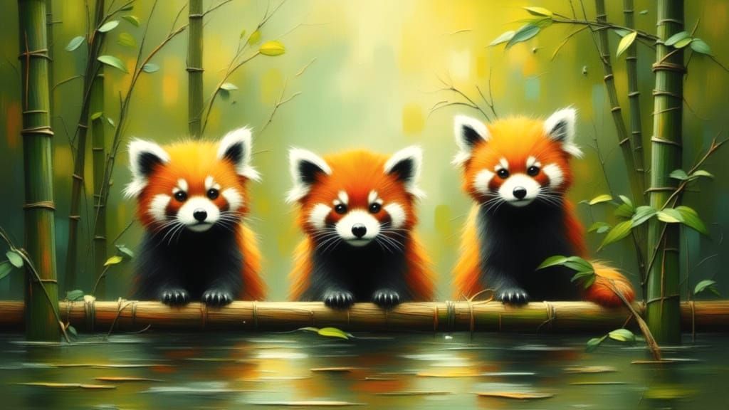  curious red pandas peek out from behind bamboo stalks, their fluffy ...  by @keith