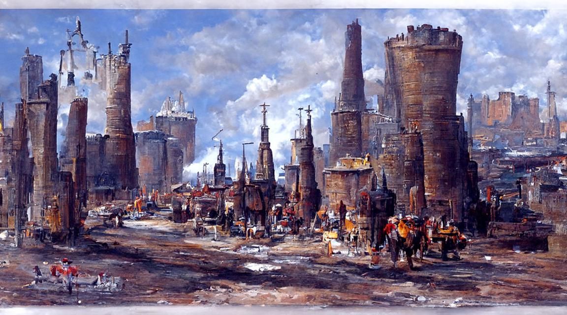 A vast medieval city with tall towers and industrial factori...