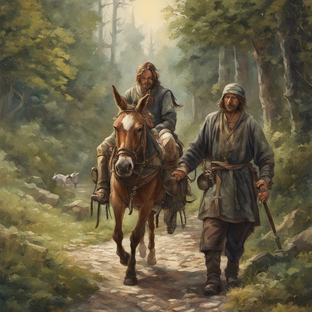 In the middle ages, a lone traveller walks the forest path a...