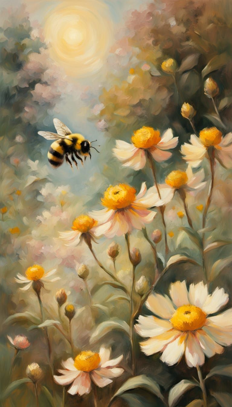 Whimsical Impressionist Garden Scene with Bumble Bee