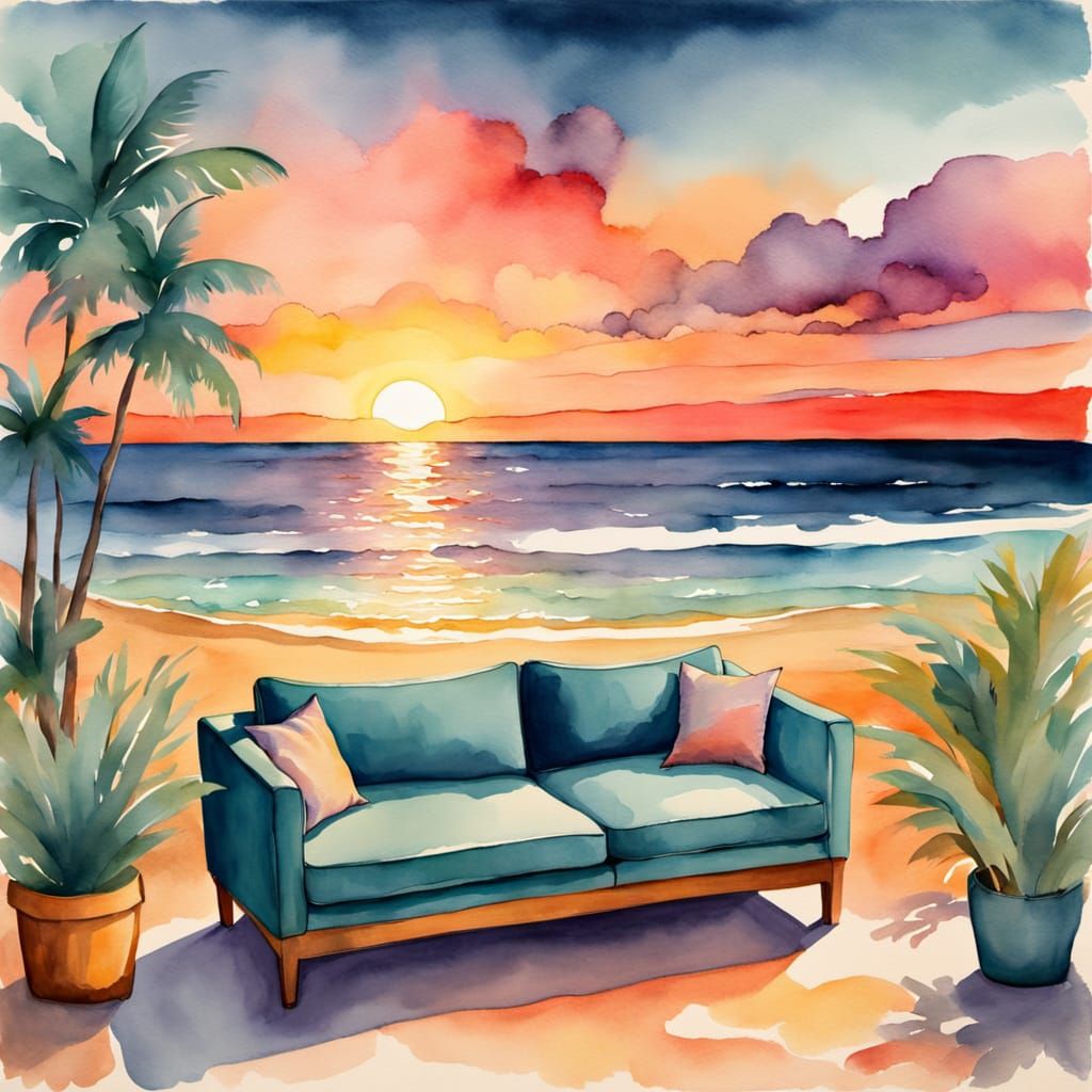 Watercolor of a sofa on a beach empty of people with strong color splashes