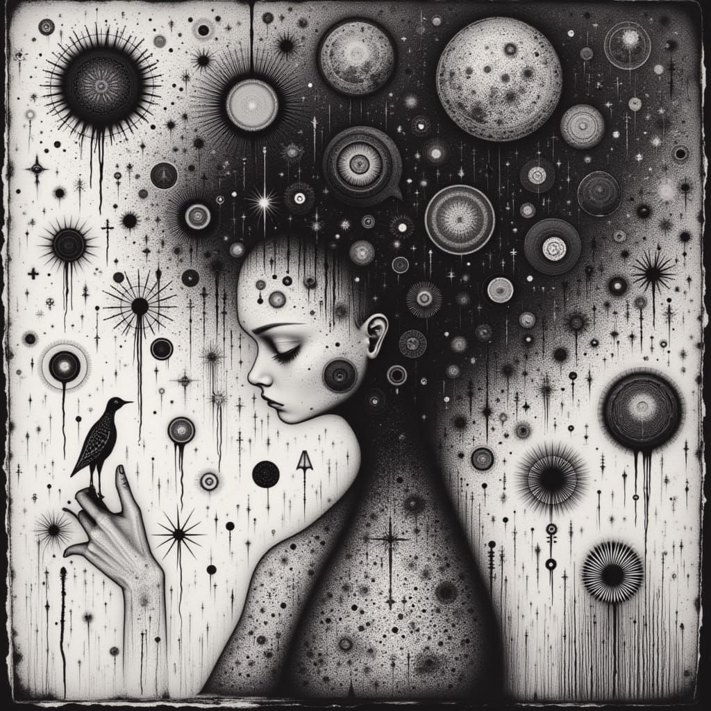 <lora:White And  Shadow:1.0> black and white, mystical and poetic dreamlike Paul Klee, surreal and celestial, etching & delicate aquatint te...