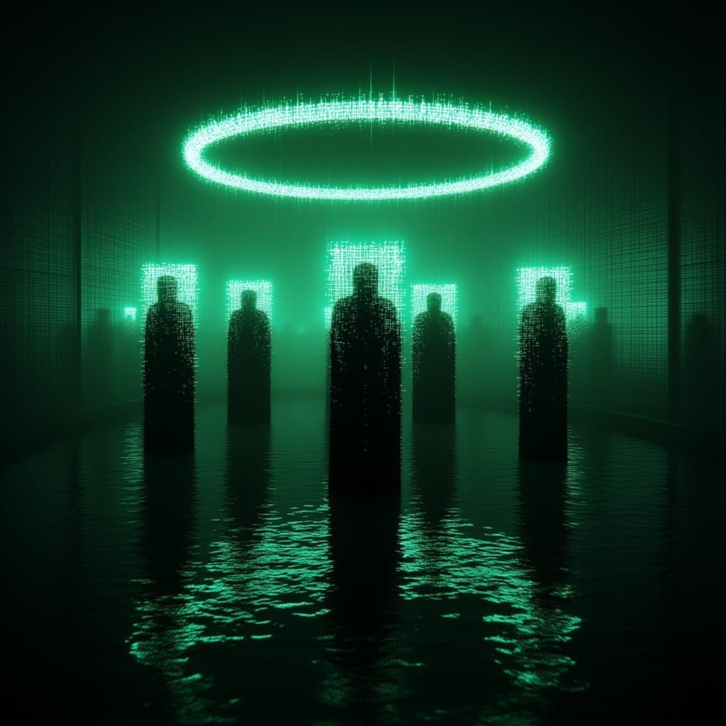  <lora:GlitchFlux MJ6-1:1.3> A digital art piece featuring an ethereal scene of five figures in silhouette, standing on the edge or floating...