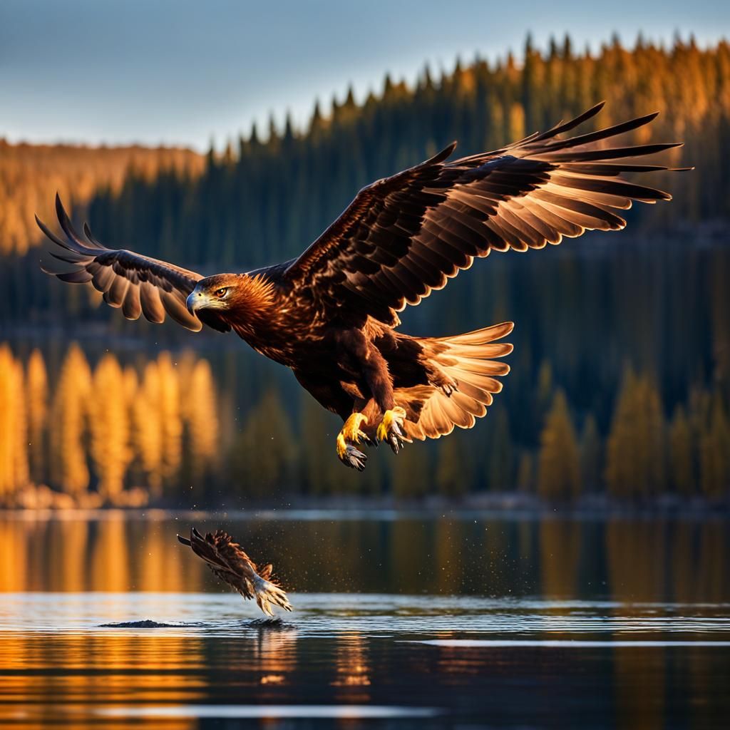 A hyper-realistic, ultra-detailed photograph of a golden eagle flying over a lake at sunset, the golden eagle has a movement effect on its w...