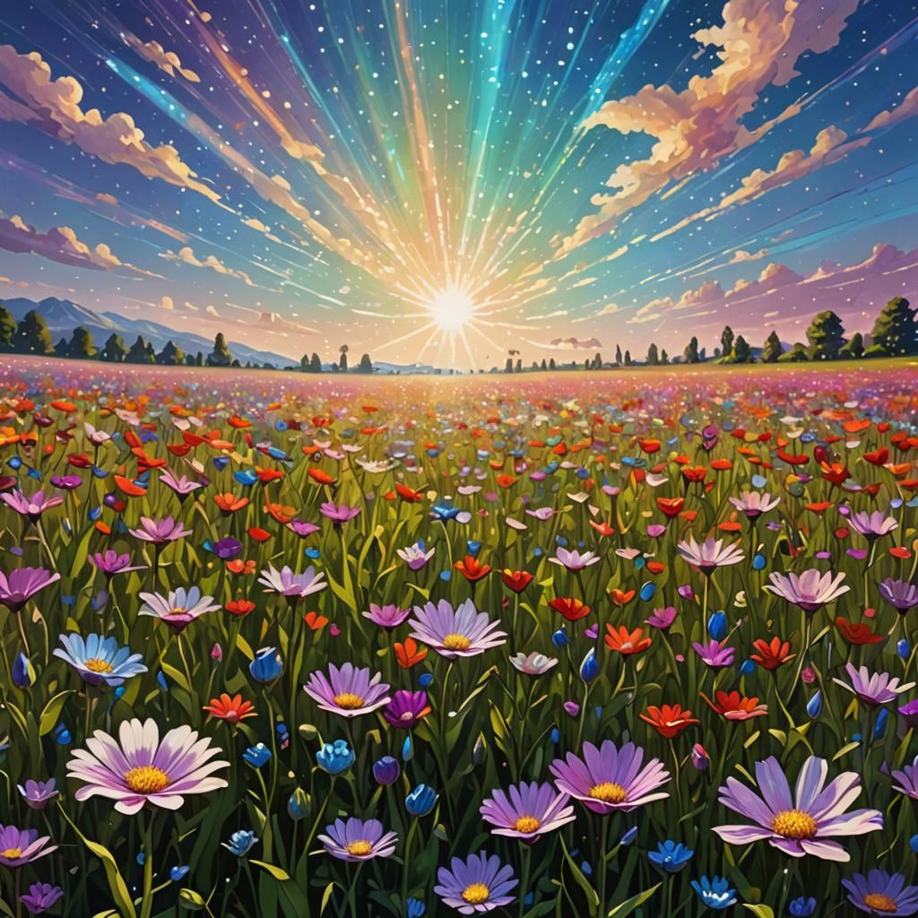 Iridescent Sky Over Fantasy Flower Field