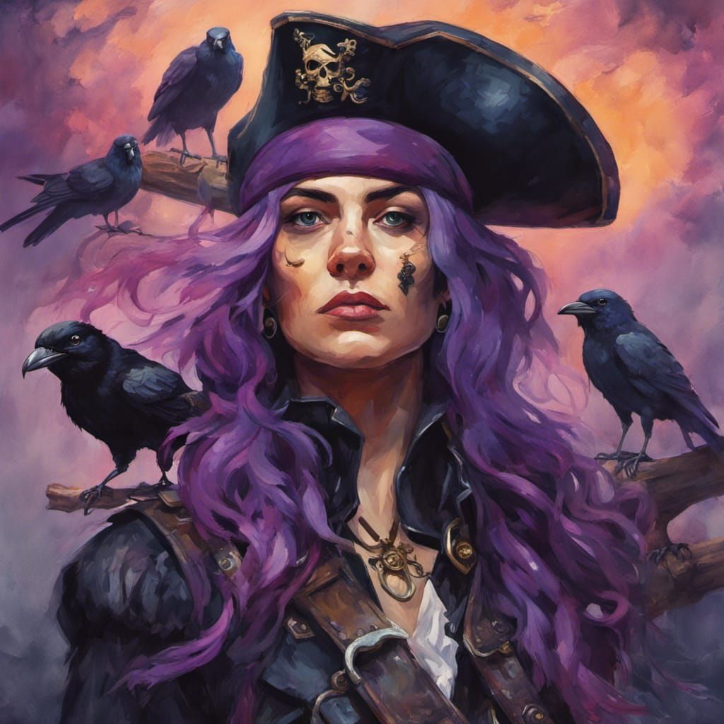 A Purple Haired Female Pirate Captain With Raven Bird As Pet...