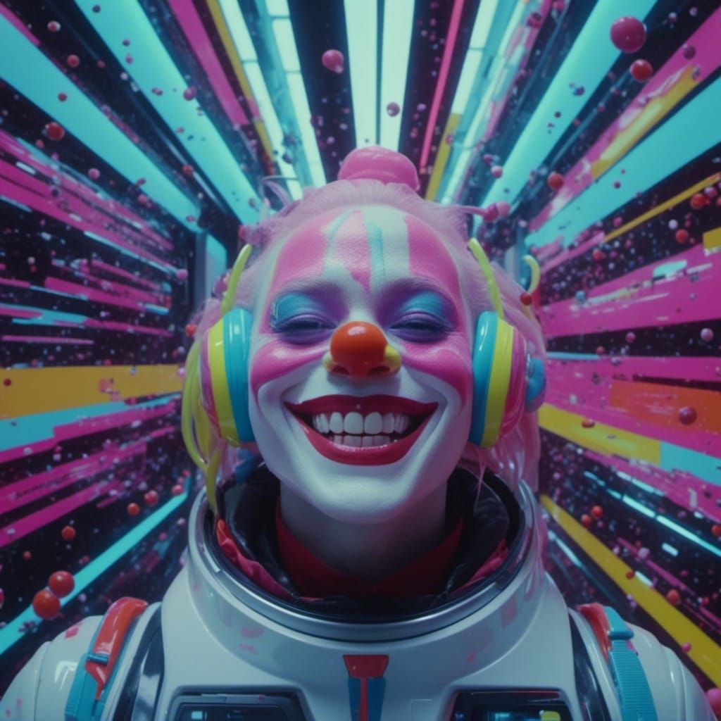 <lora:The Broken 90s:1.0>
<lora:Bonbon Panic XL:1.0>
Laughing clown glitching in candy sci-fi movie scene, 1990s aesthetic.  Random glitches