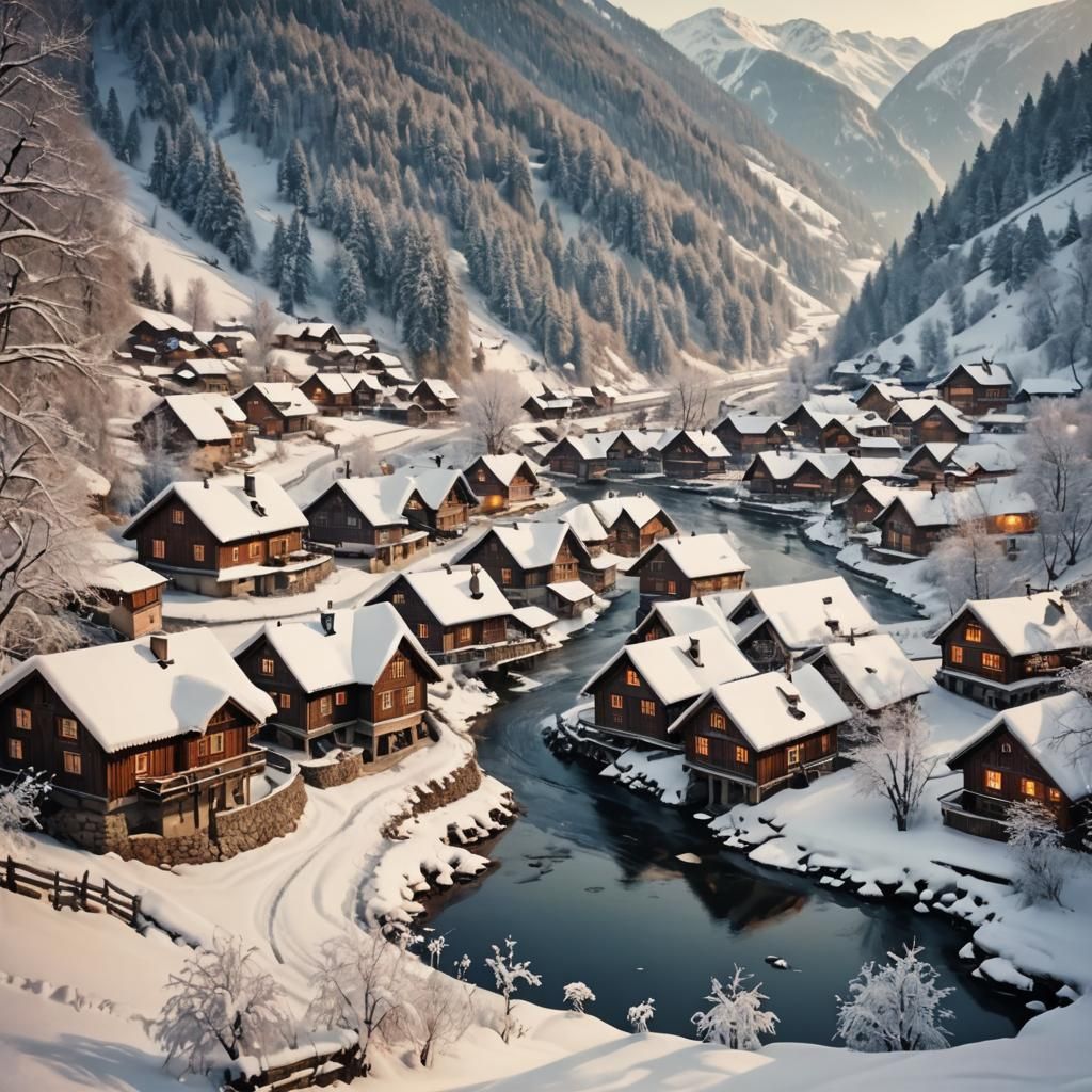 Snow-covered village nestled in valley, winding river throug...