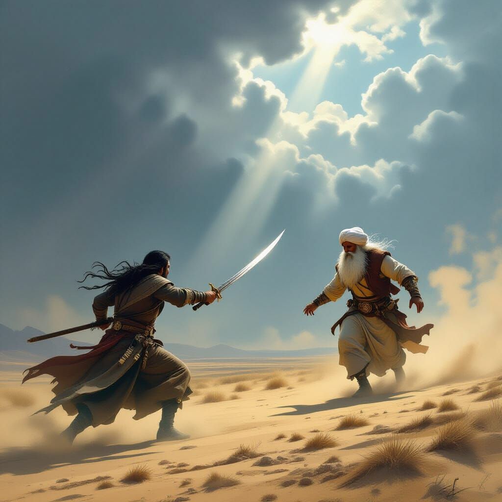 Epic Fantasy Warrior Chases Elder on Windswept Plain