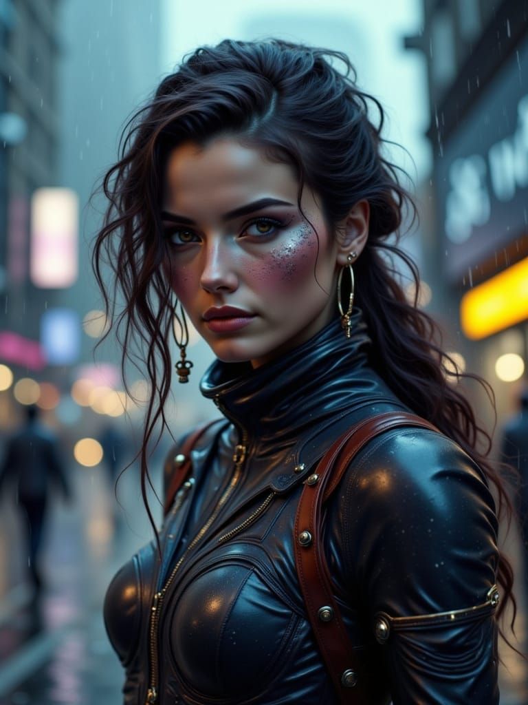 Cyberpunk Heroine in Rainy Cityscape