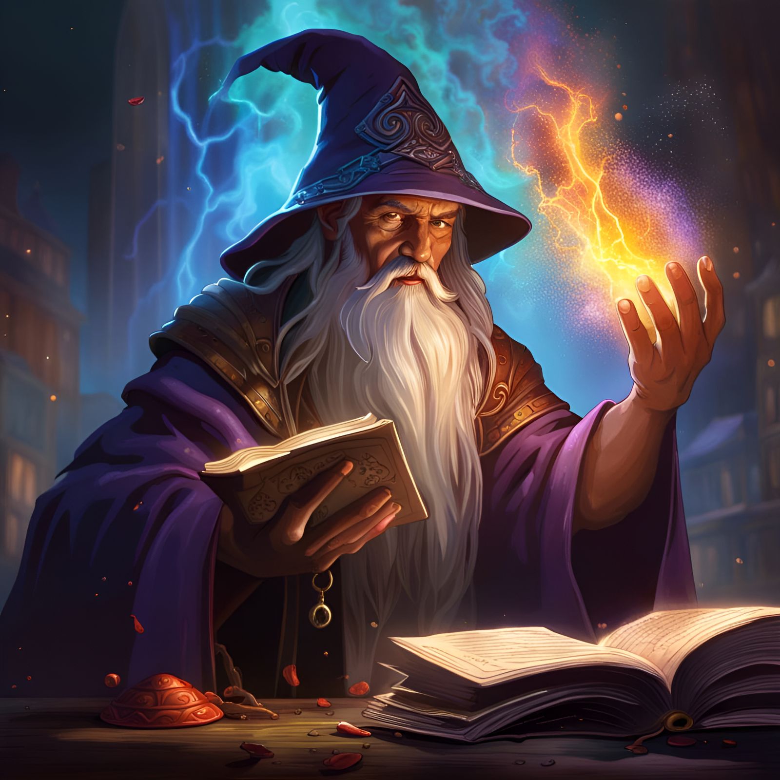 A wizard gazing at a spell emerging from his large spell book   by @Tanke