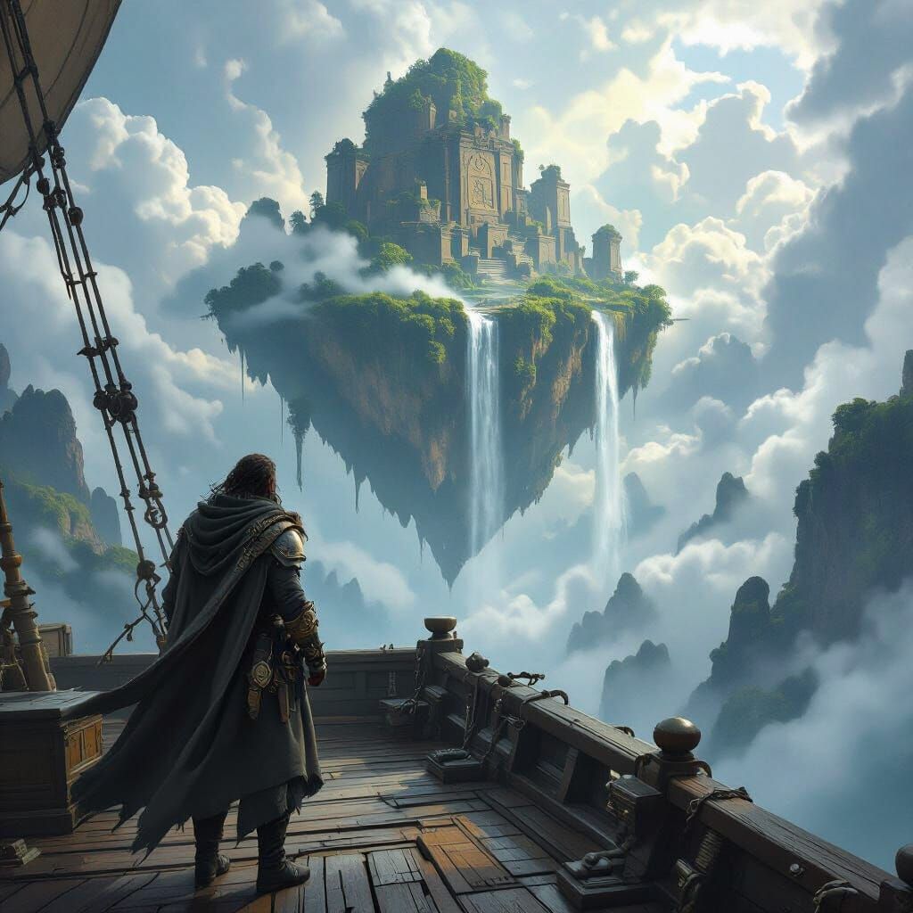 A lone explorer named Kael Durnen — a rugged, weather-worn adventurer in a long, tattered explorer’s coat and ancient armor accents — stands...