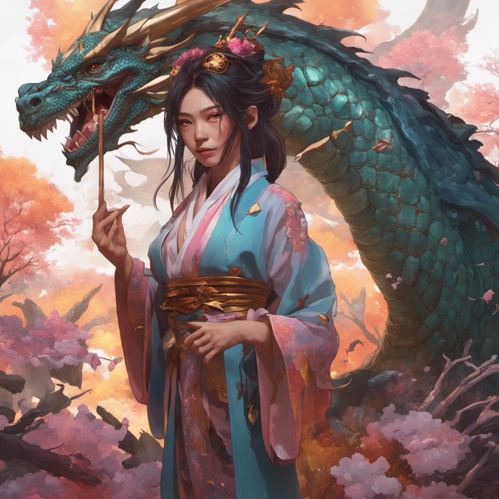 Japanese sorceress, with her magical dragon companion 