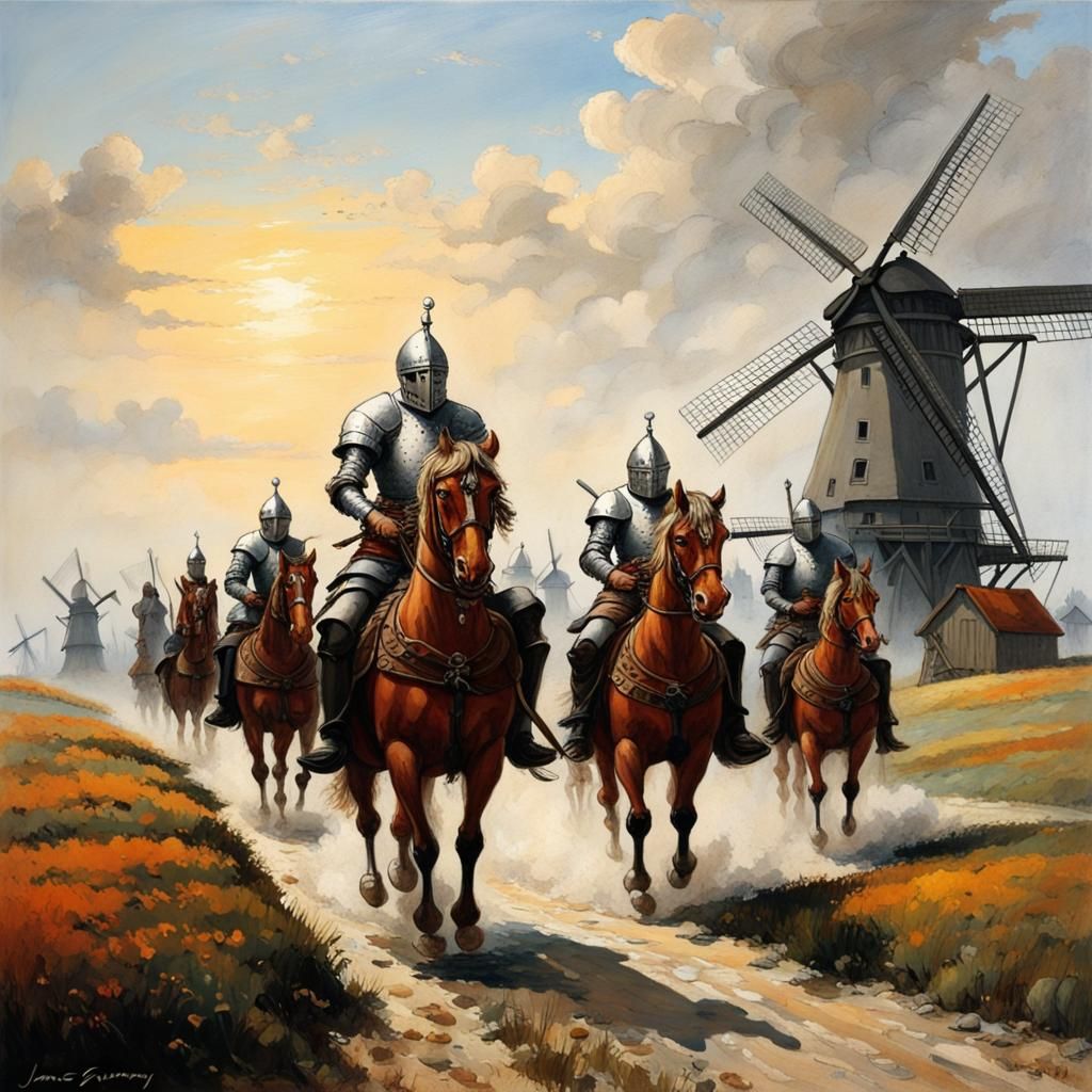 Dutch knights ride through a field of windmills in Iron gall...