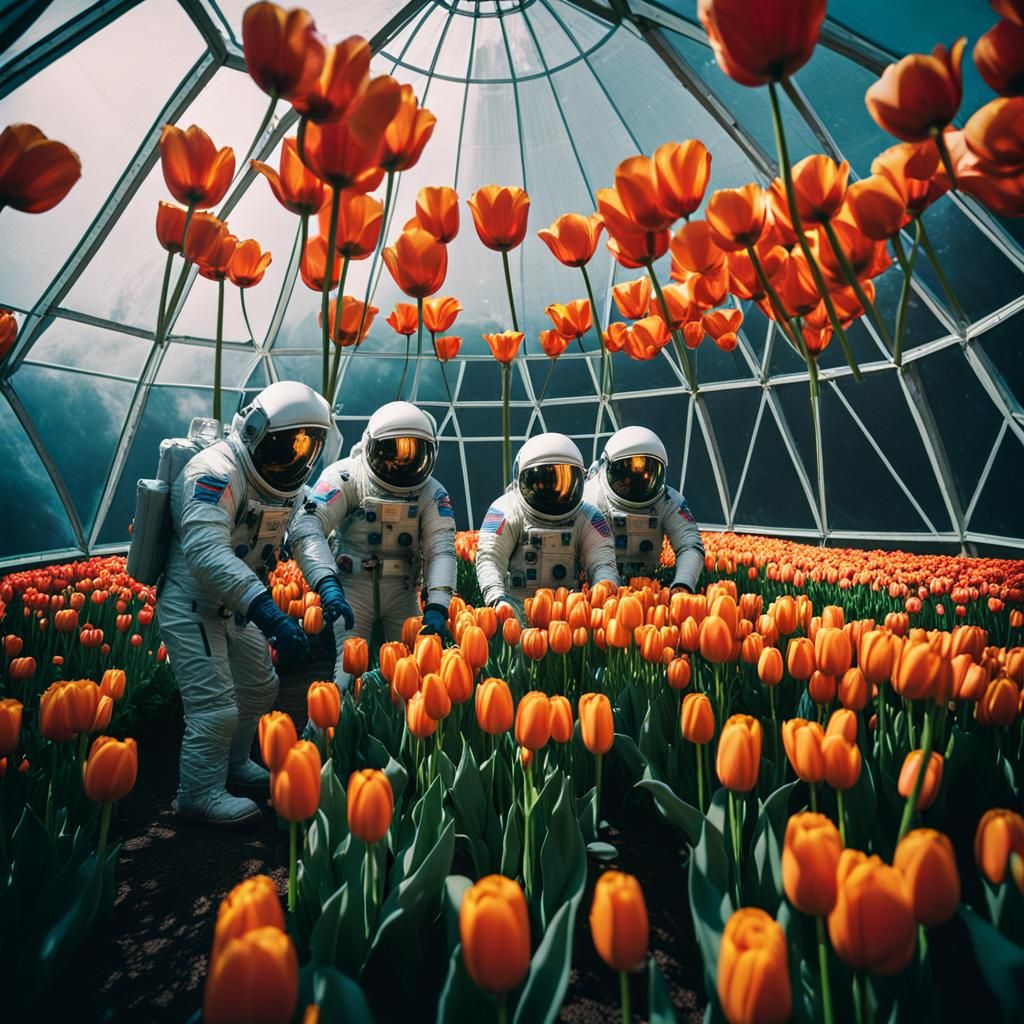 Three men in spacesuits tending to the tulips in a geodesic ...