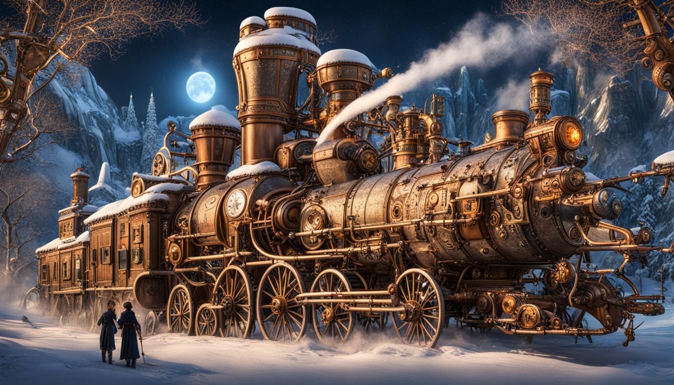 Steampunk!! Steampunk-inspired winter wonderland, snow-covered landscapes, fantastical winter creatures, ...  by @Jokavld